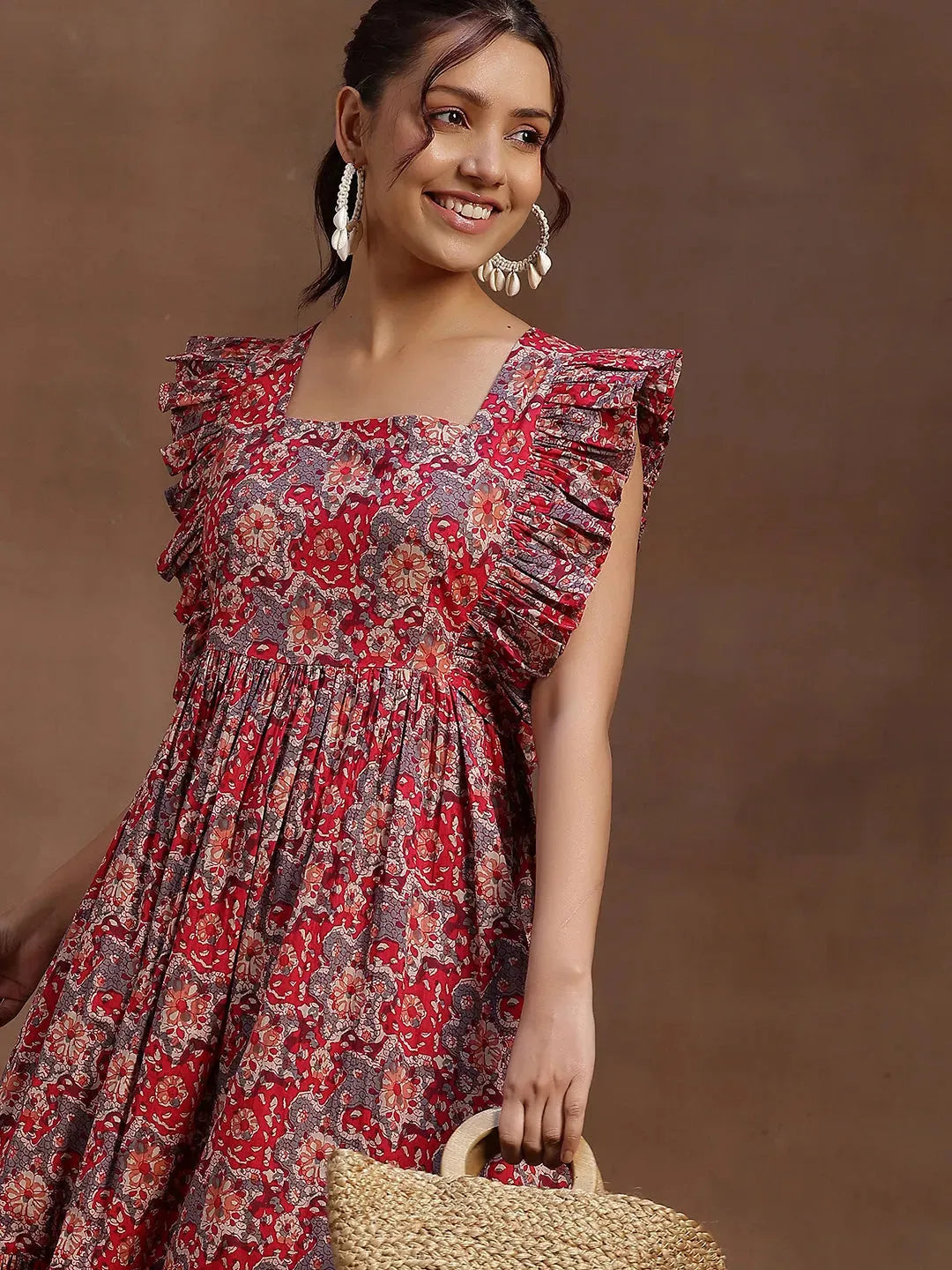  Pink Printed Cotton Fit and Flare Dress 