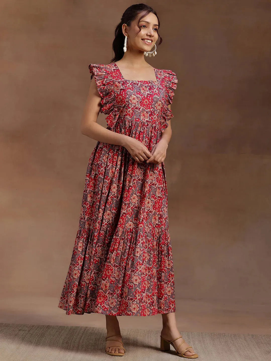  Pink Printed Cotton Fit and Flare Dress 