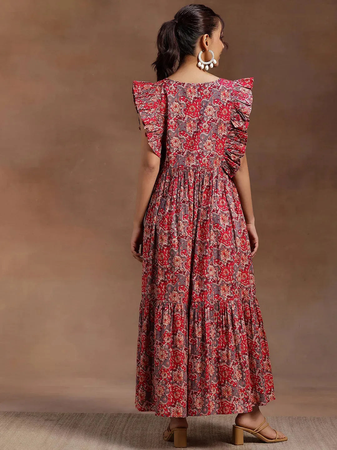  Pink Printed Cotton Fit and Flare Dress 