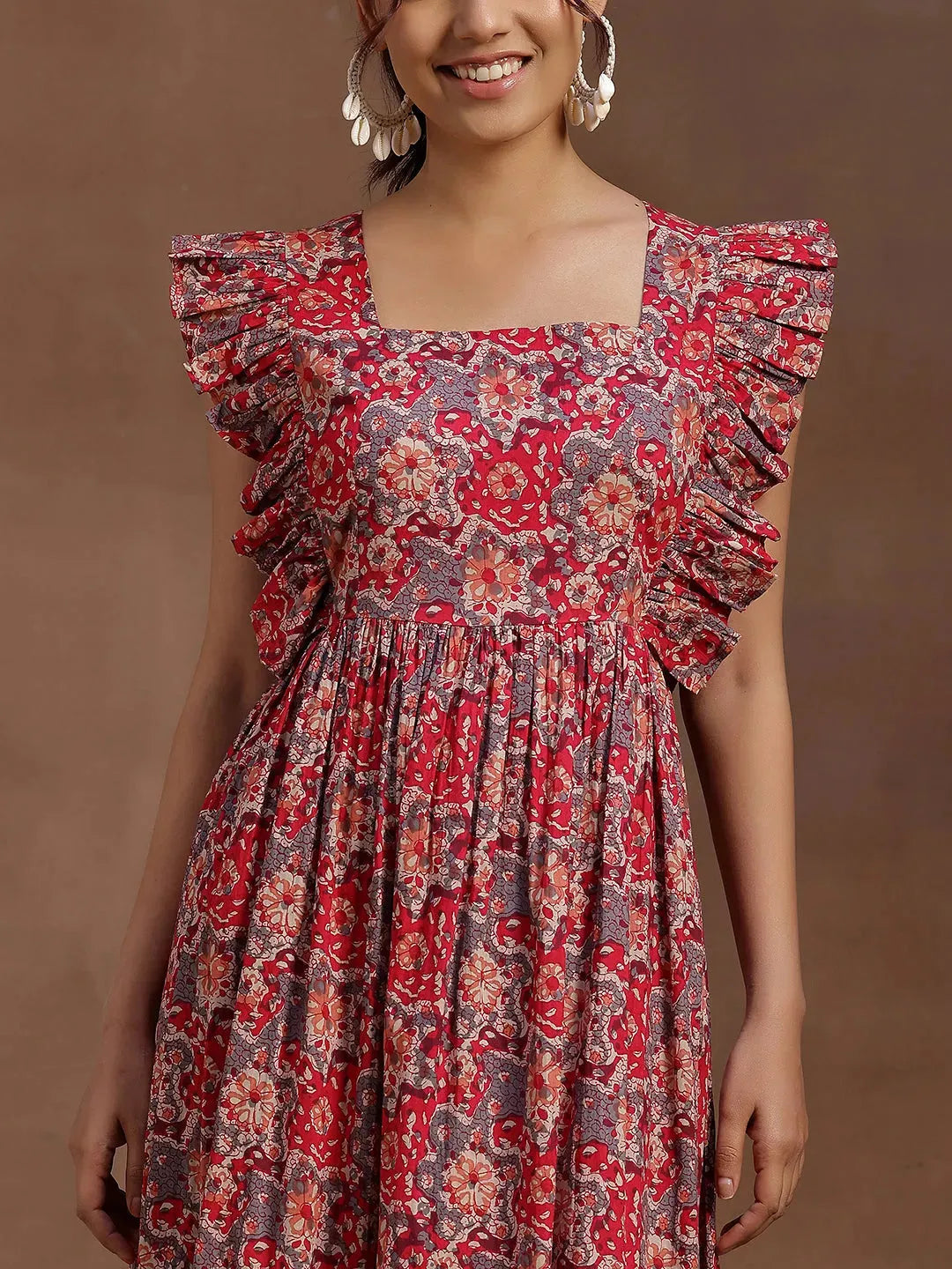  Pink Printed Cotton Fit and Flare Dress 