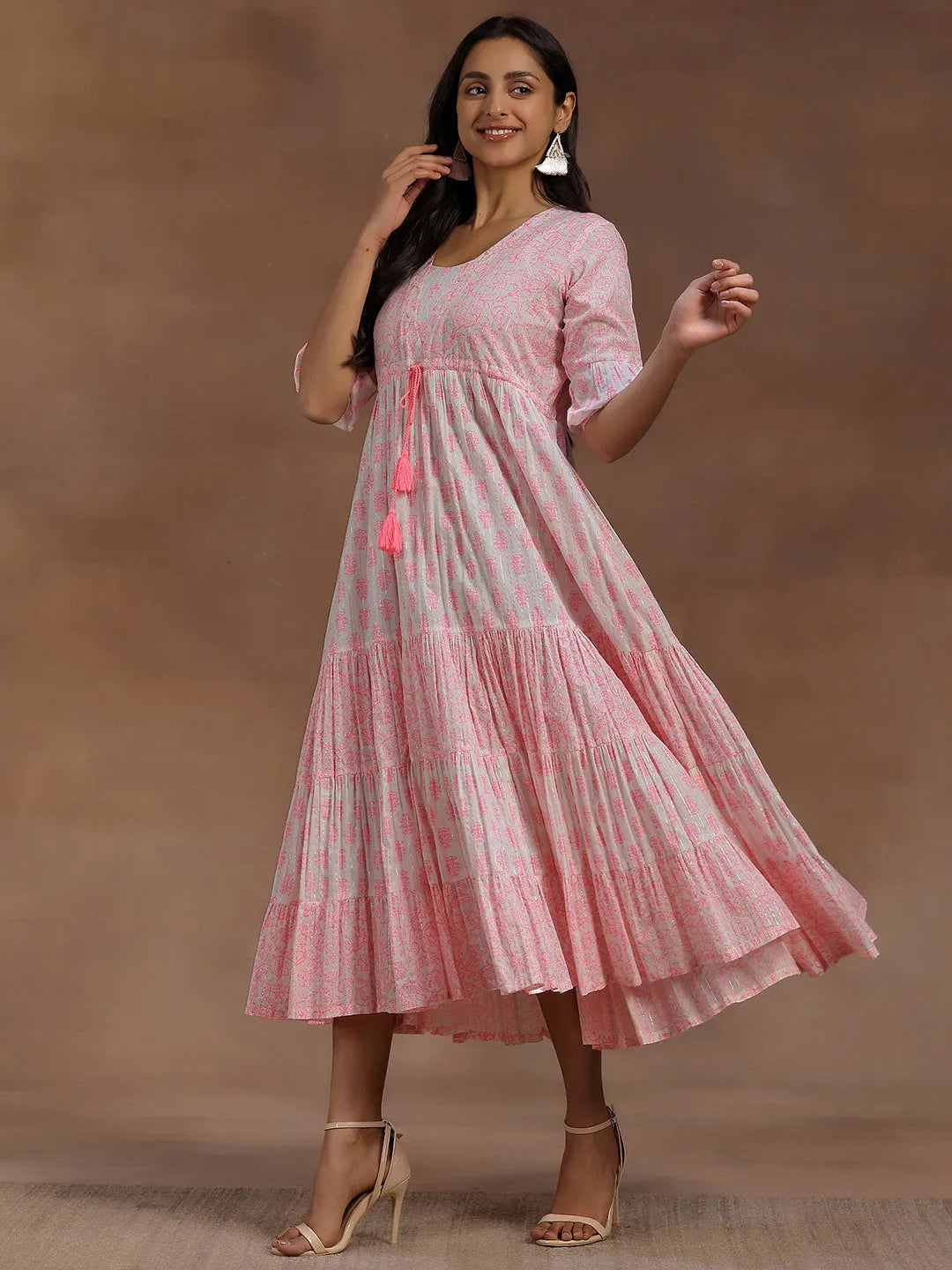  Pink Printed Cotton A-Line Dress 