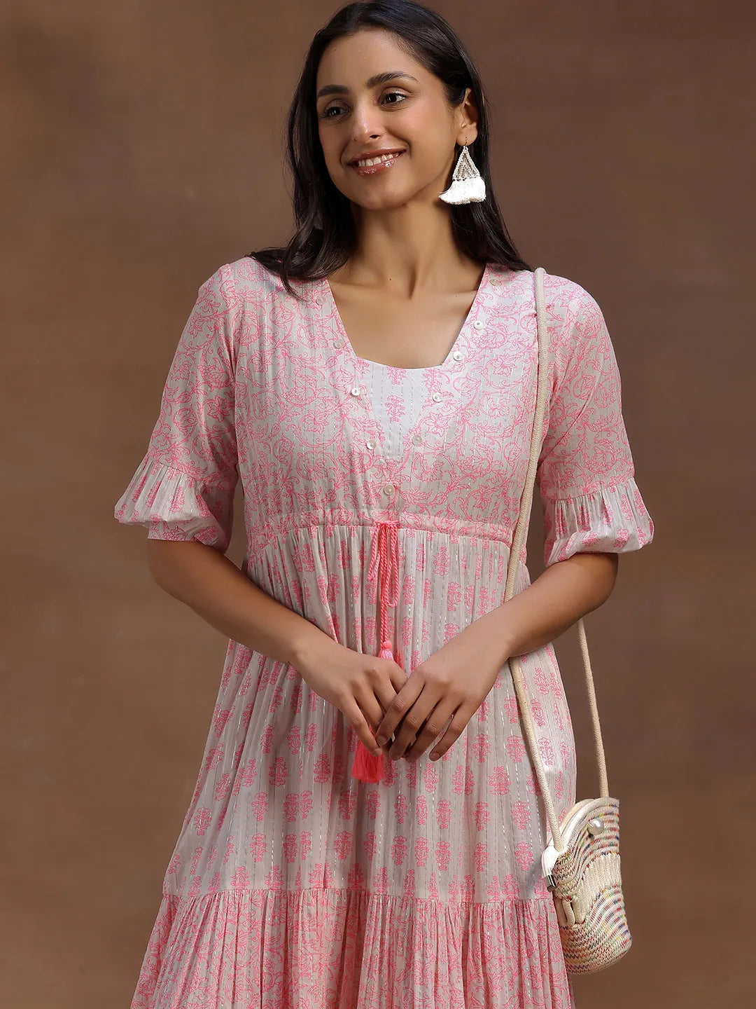  Pink Printed Cotton A-Line Dress 