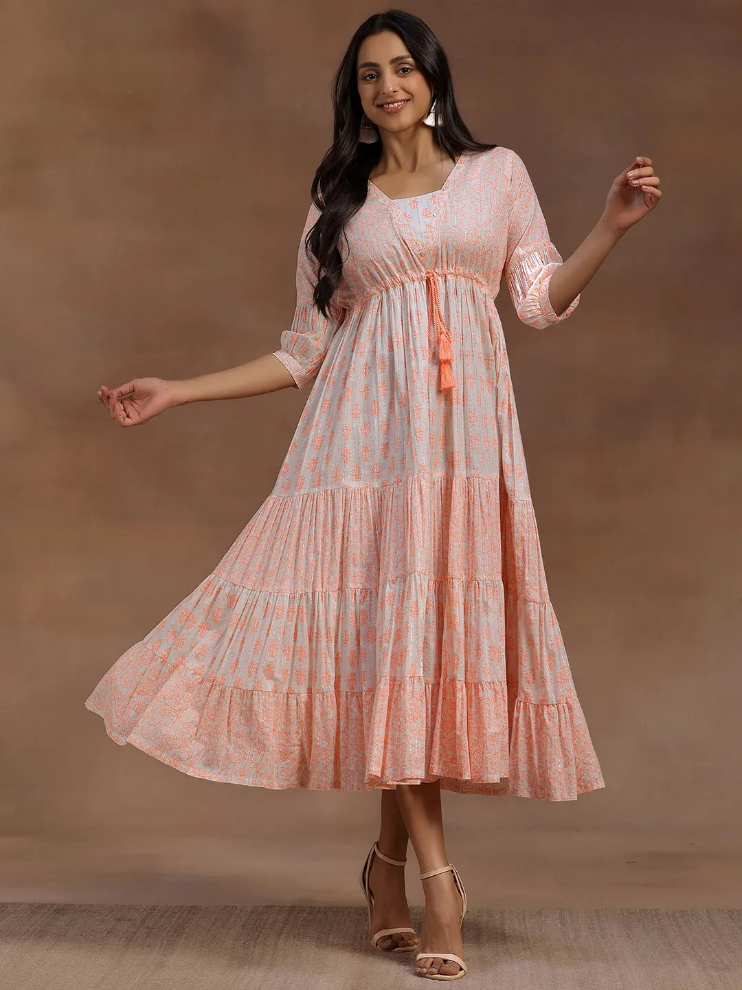  Orange Printed Cotton A-Line Dress 