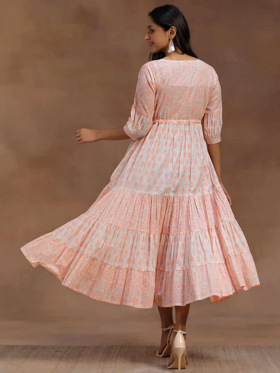  Orange Printed Cotton A-Line Dress 