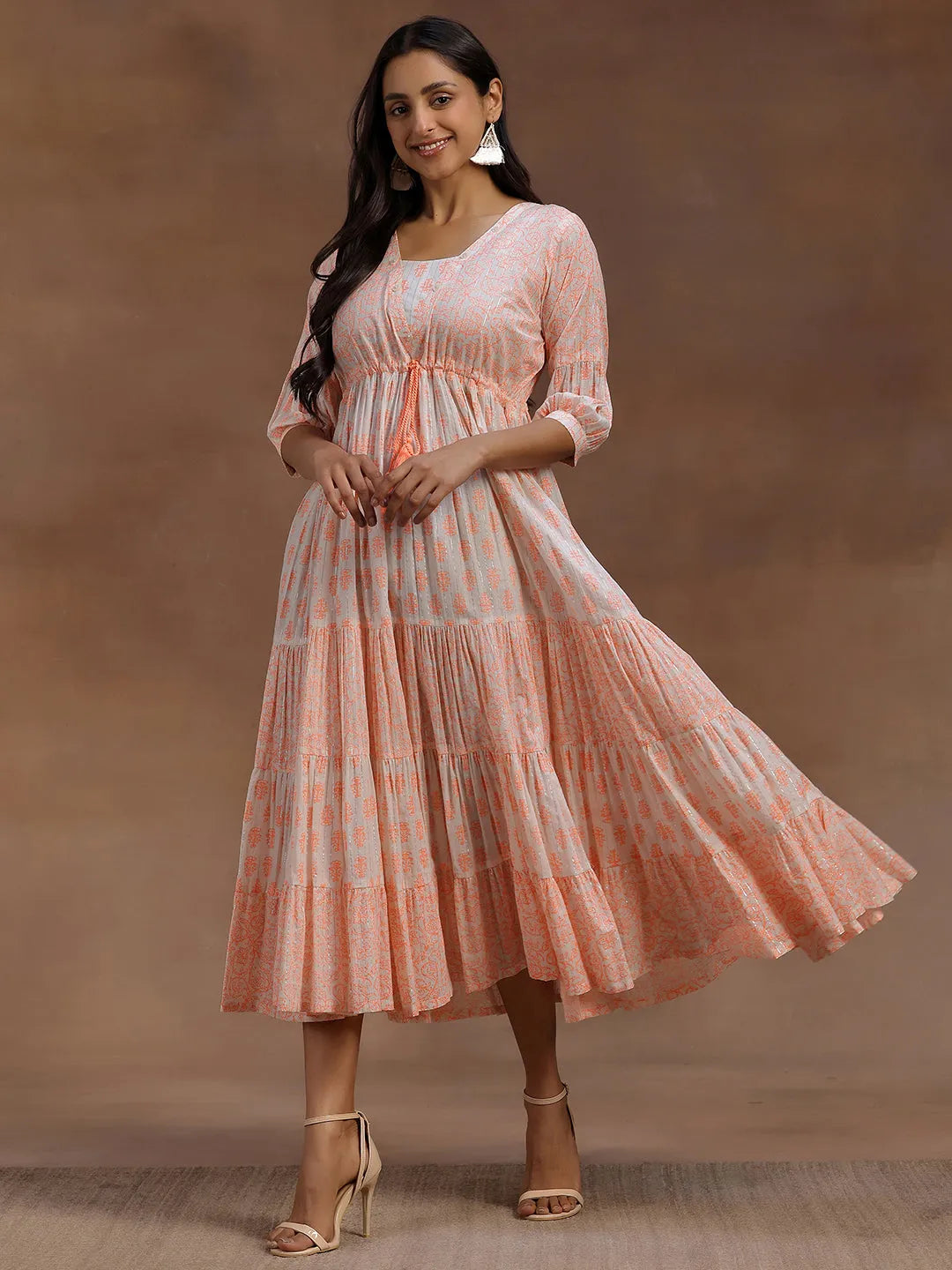  Orange Printed Cotton A-Line Dress 
