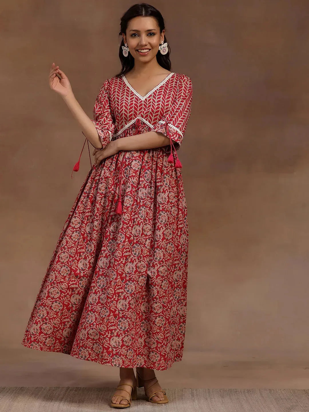 Pink Printed Cotton Fit and Flare Dress-image-22