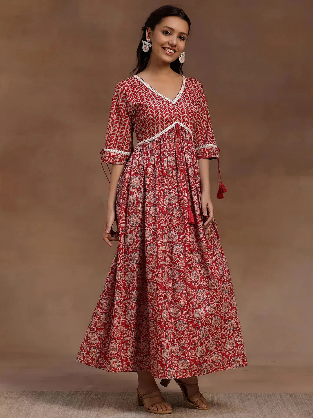  Pink Printed Cotton Fit and Flare Dress 