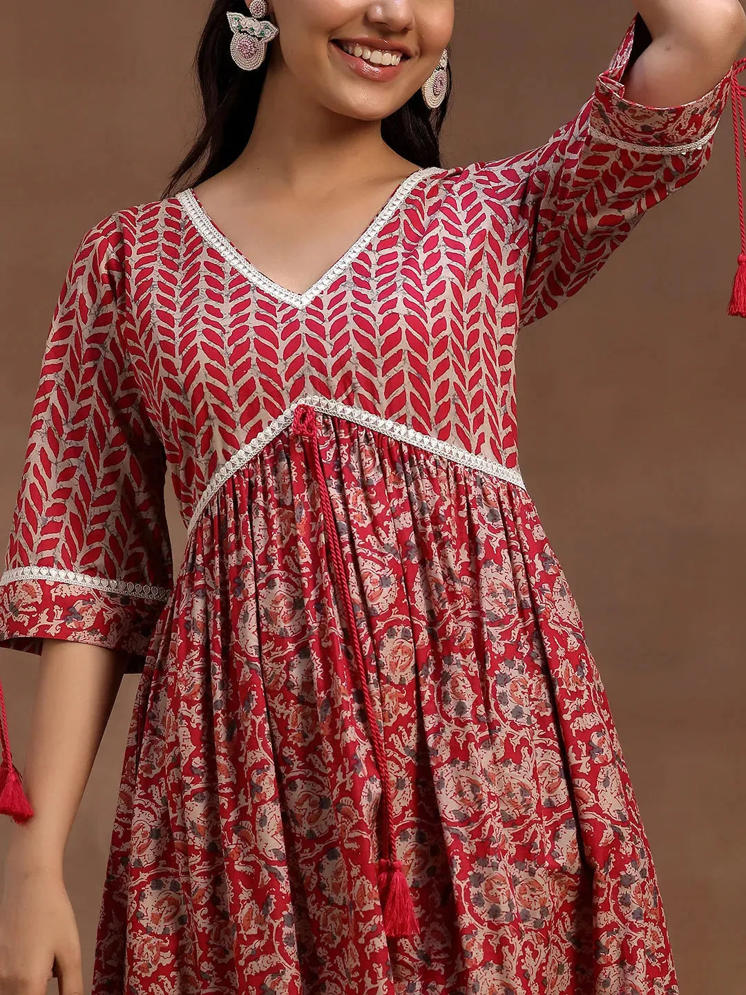  Pink Printed Cotton Fit and Flare Dress 