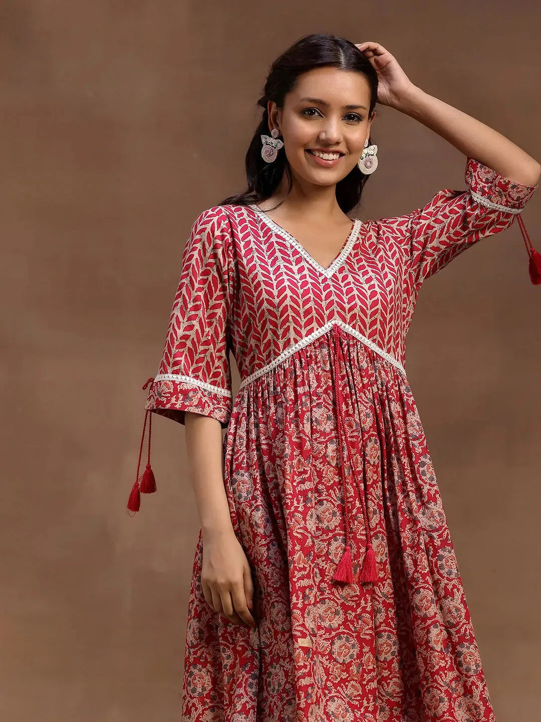  Pink Printed Cotton Fit and Flare Dress 