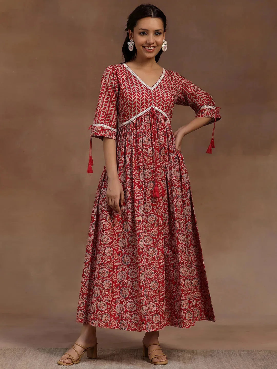  Pink Printed Cotton Fit and Flare Dress 