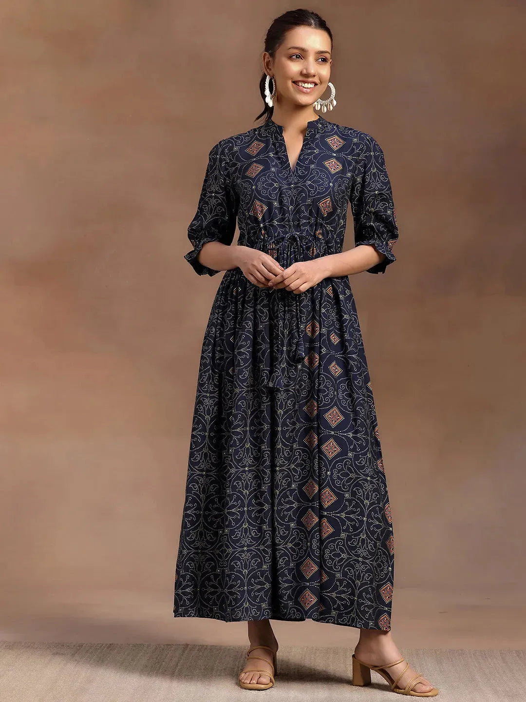  Blue Printed Silk A-Line Dress 