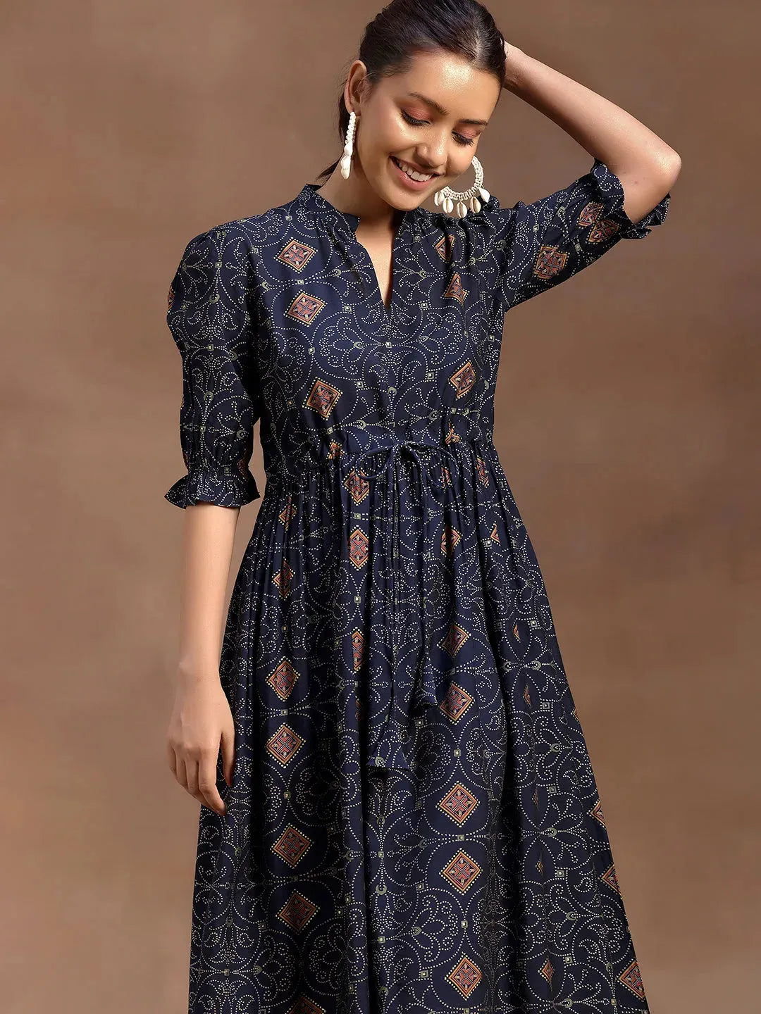  Blue Printed Silk A-Line Dress 