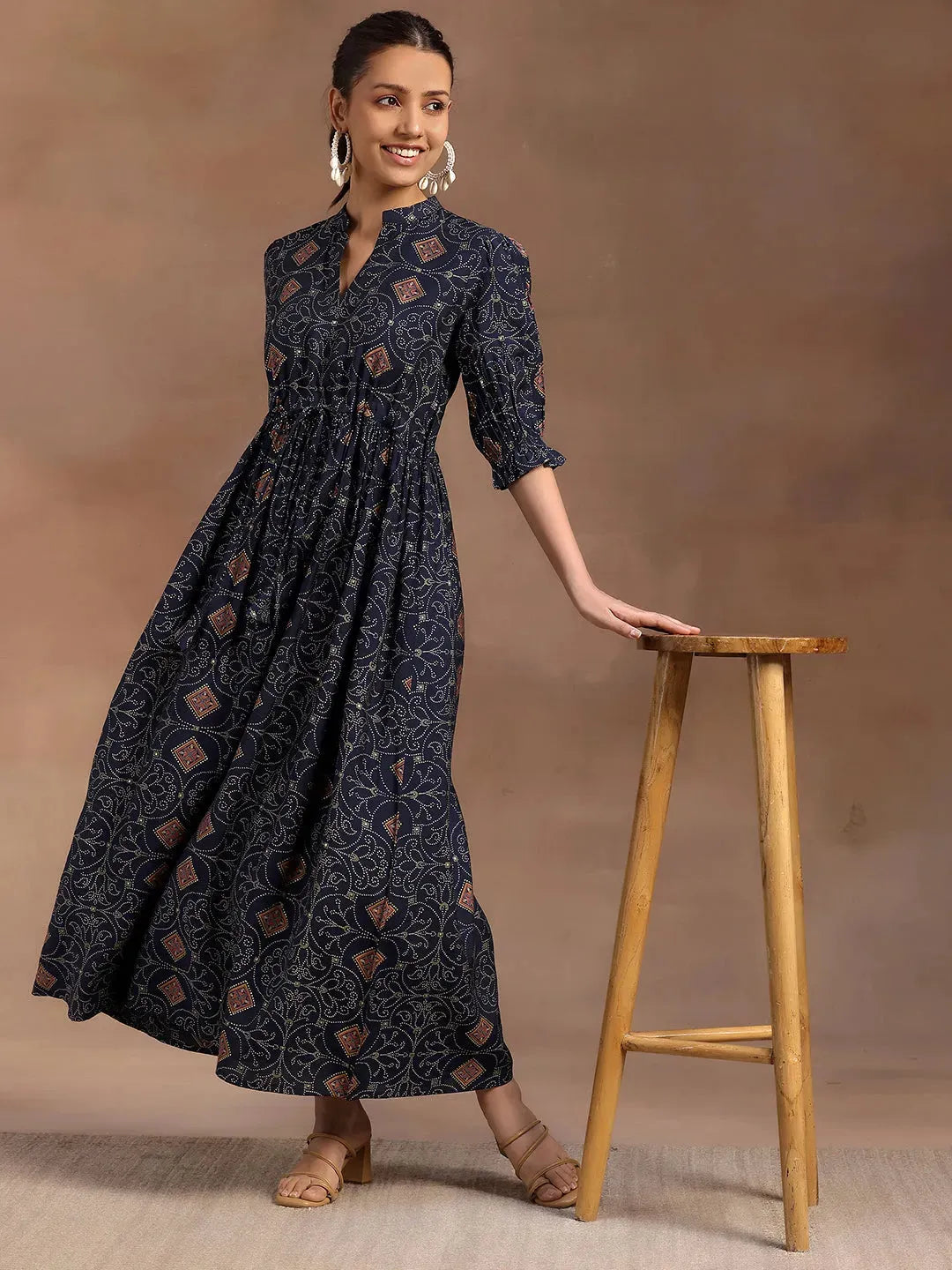  Blue Printed Silk A-Line Dress 