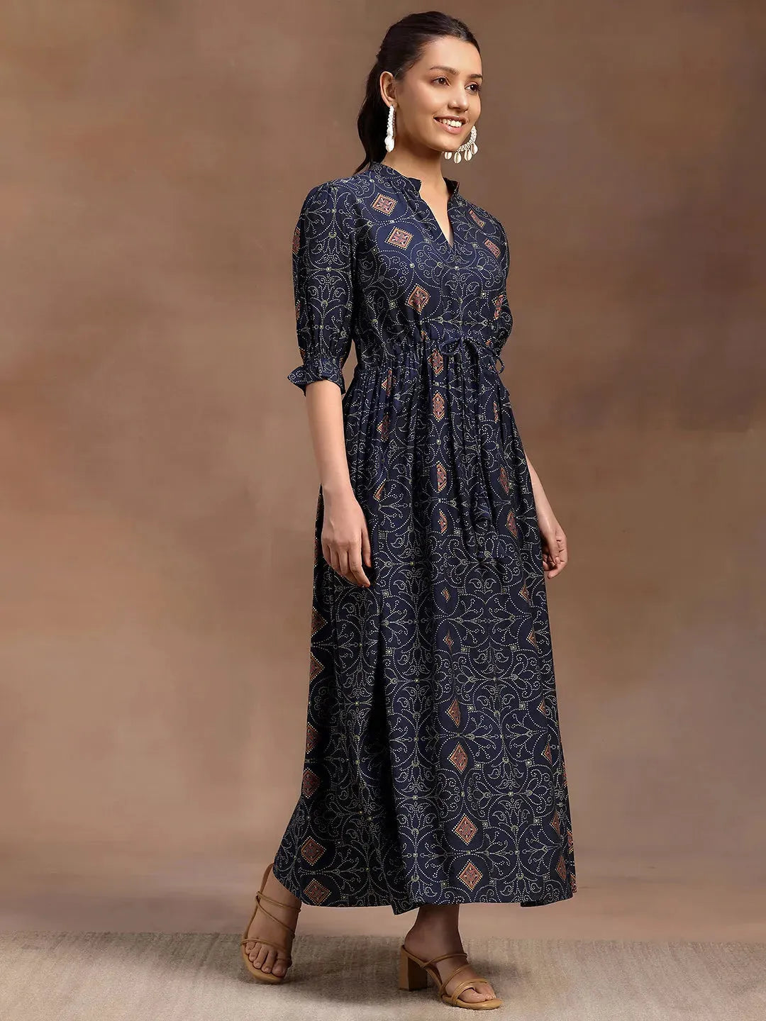  Blue Printed Silk A-Line Dress 