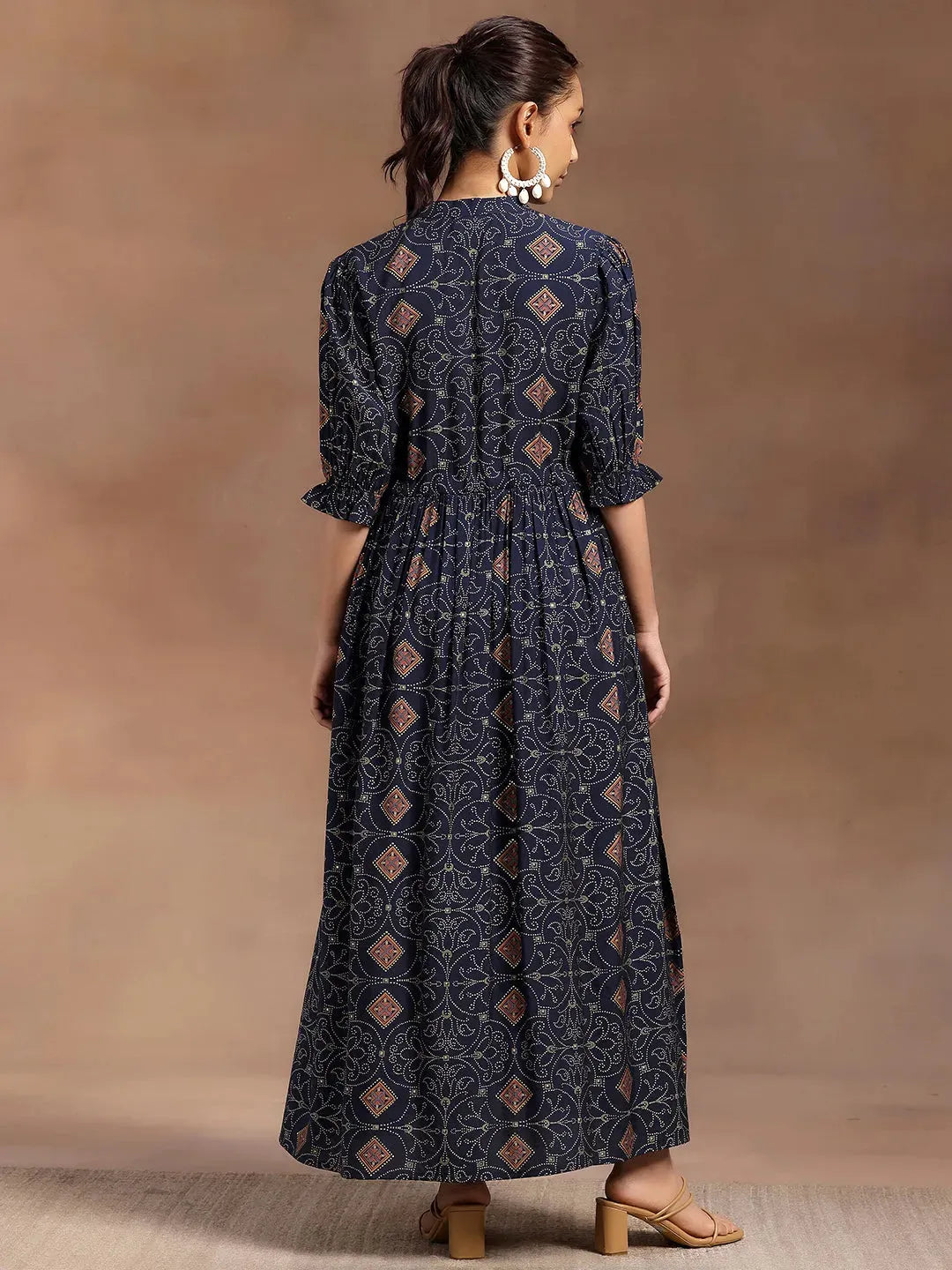  Blue Printed Silk A-Line Dress 