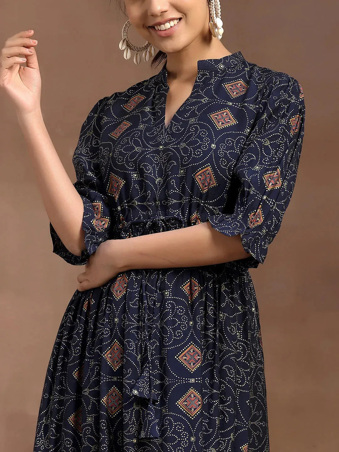  Blue Printed Silk A-Line Dress 