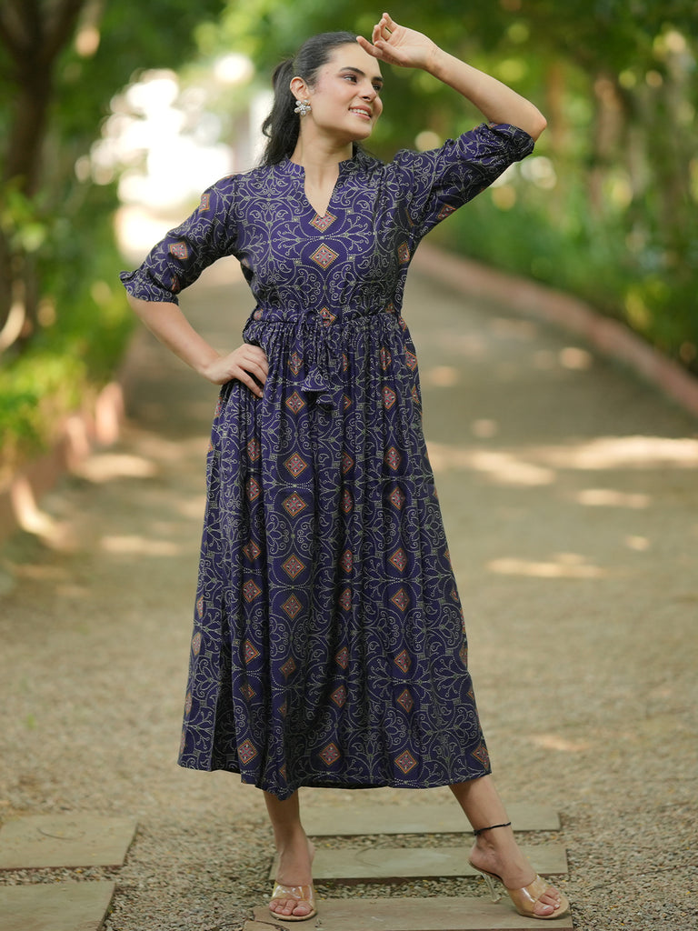 Gerua Blue Printed Silk A-Line Dress