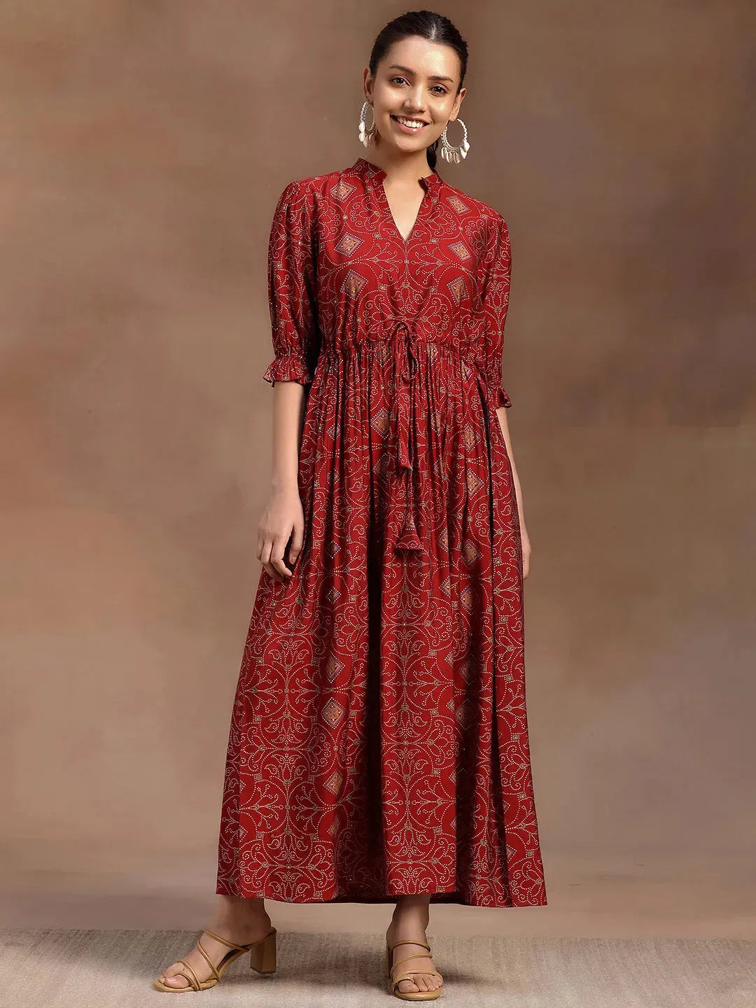  Red Printed Silk A-Line Dress 