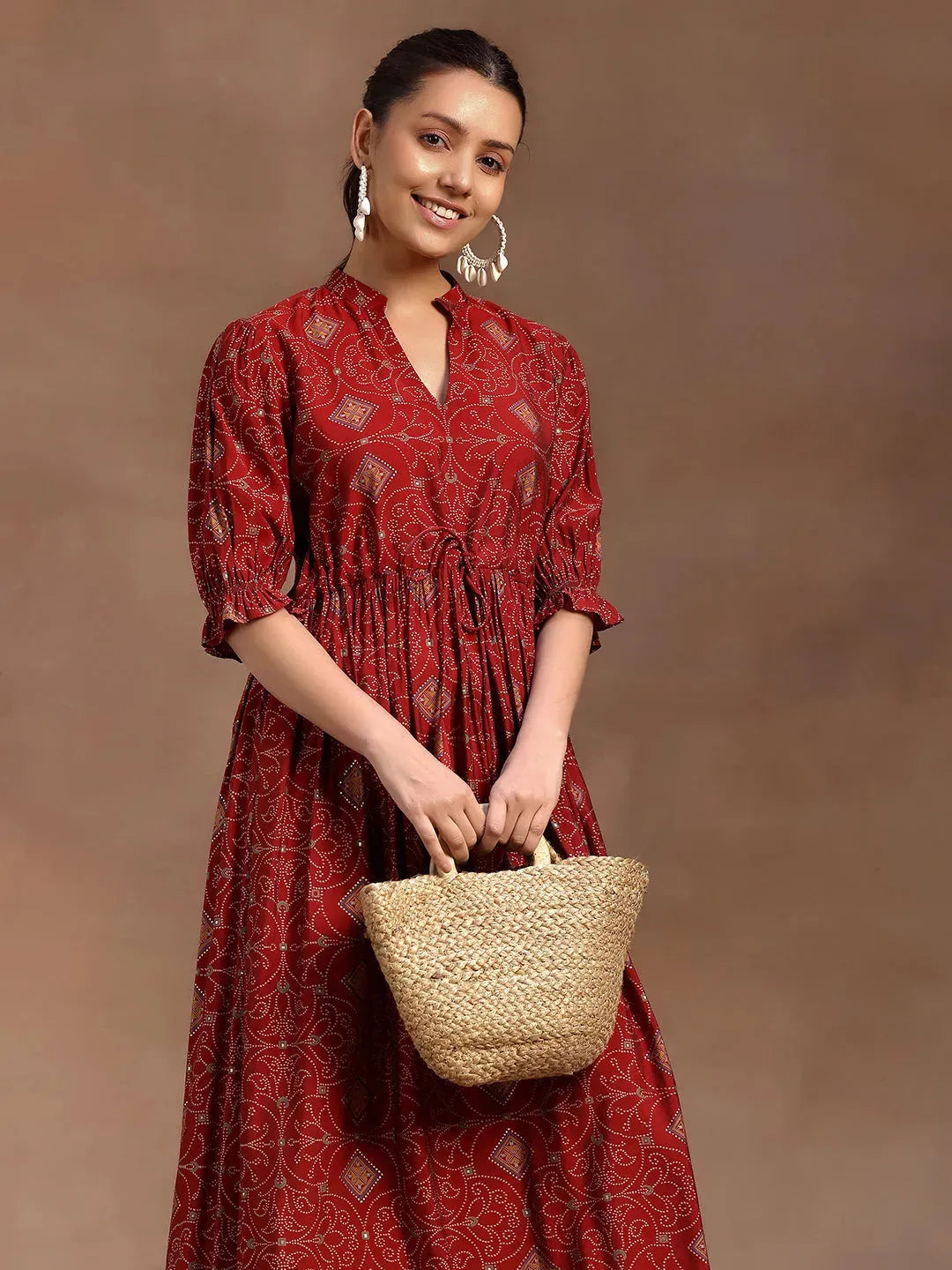  Red Printed Silk A-Line Dress 