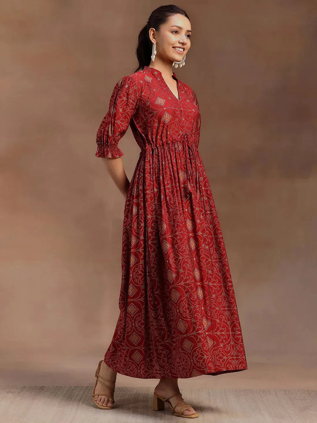  Red Printed Silk A-Line Dress 