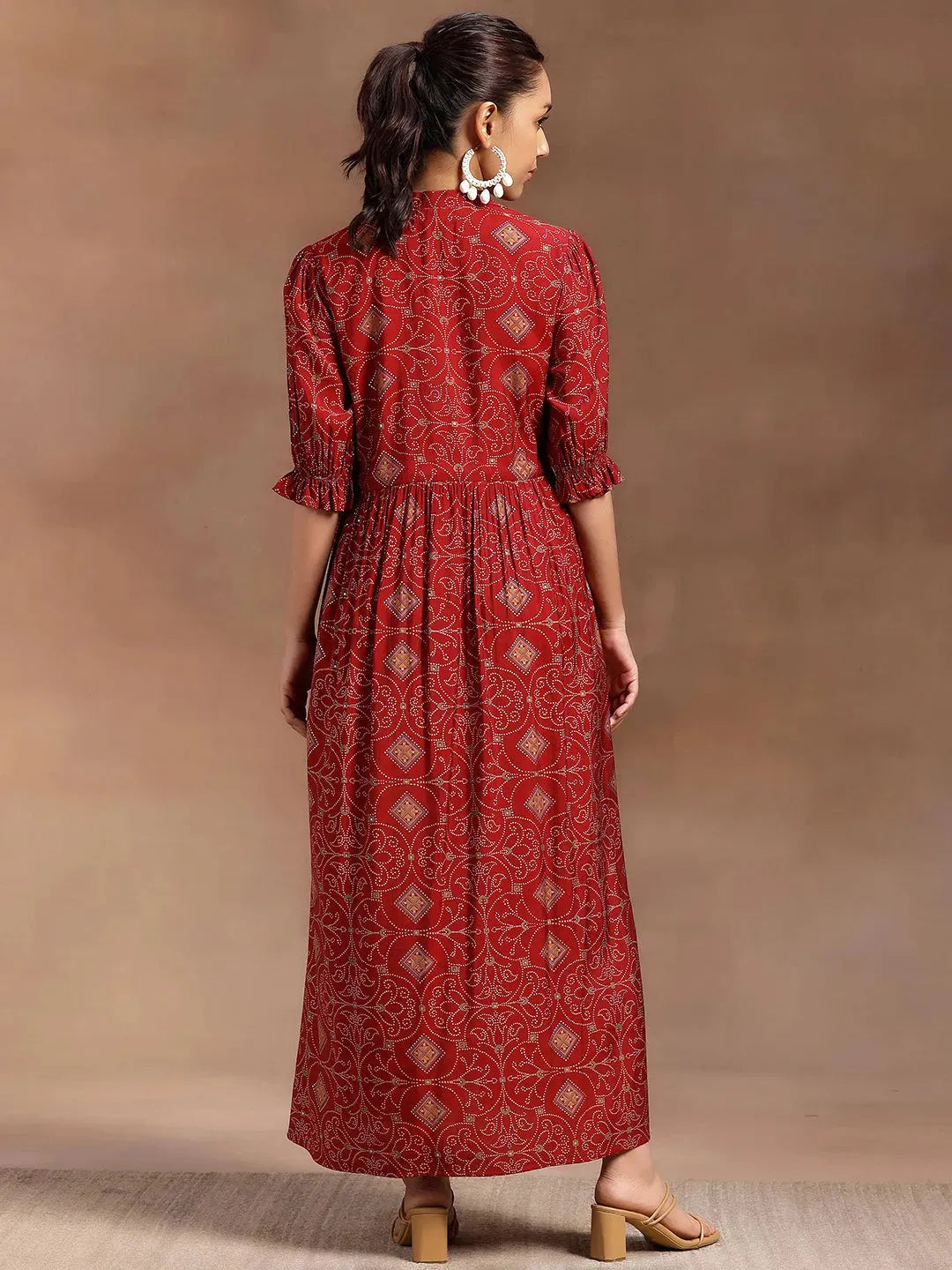  Red Printed Silk A-Line Dress 