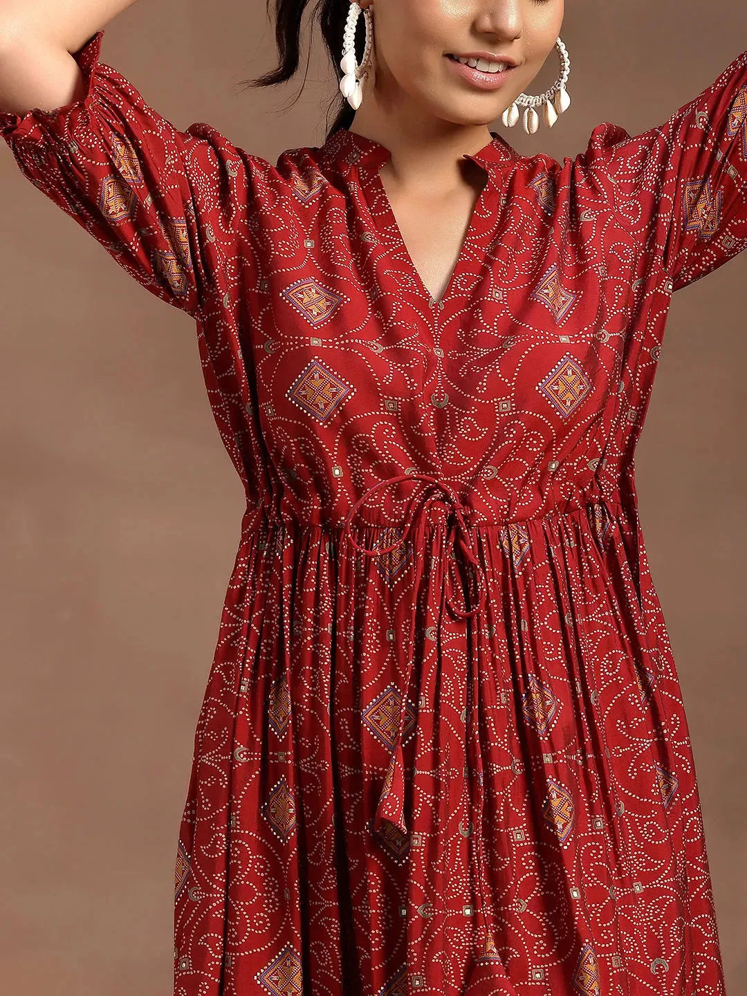  Red Printed Silk A-Line Dress 