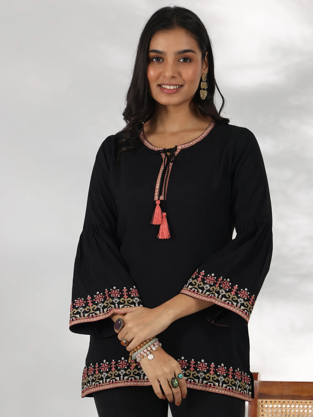  Black Embroidered Silk Blend Straight Kurti 