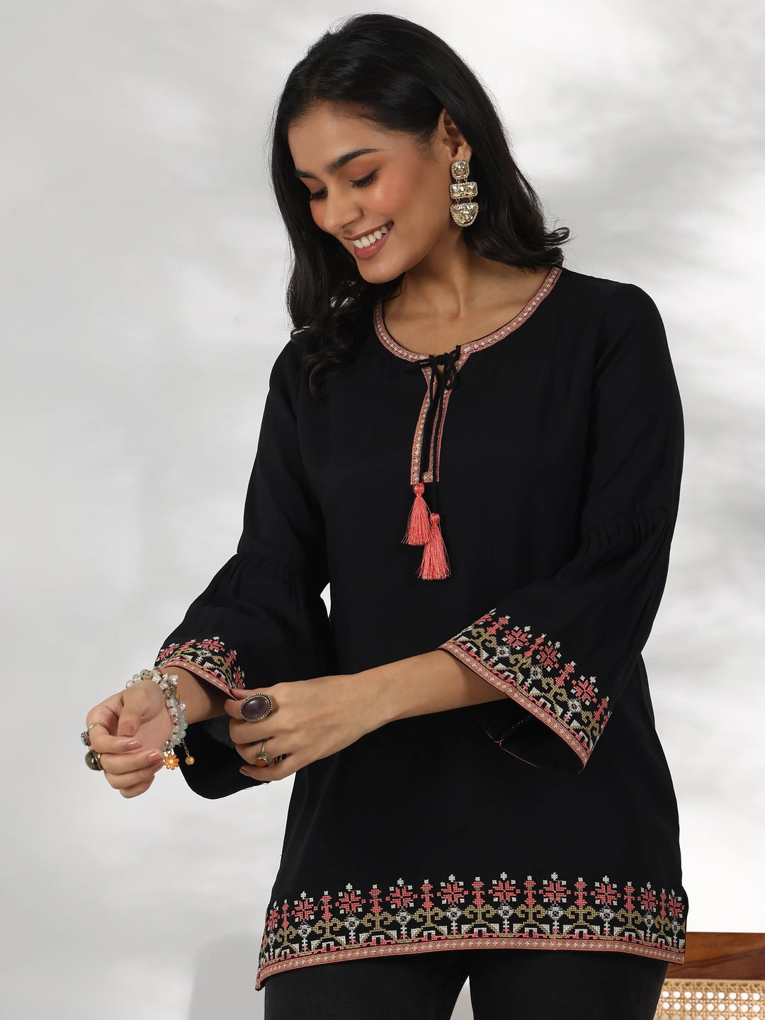  Black Embroidered Silk Blend Straight Kurti 