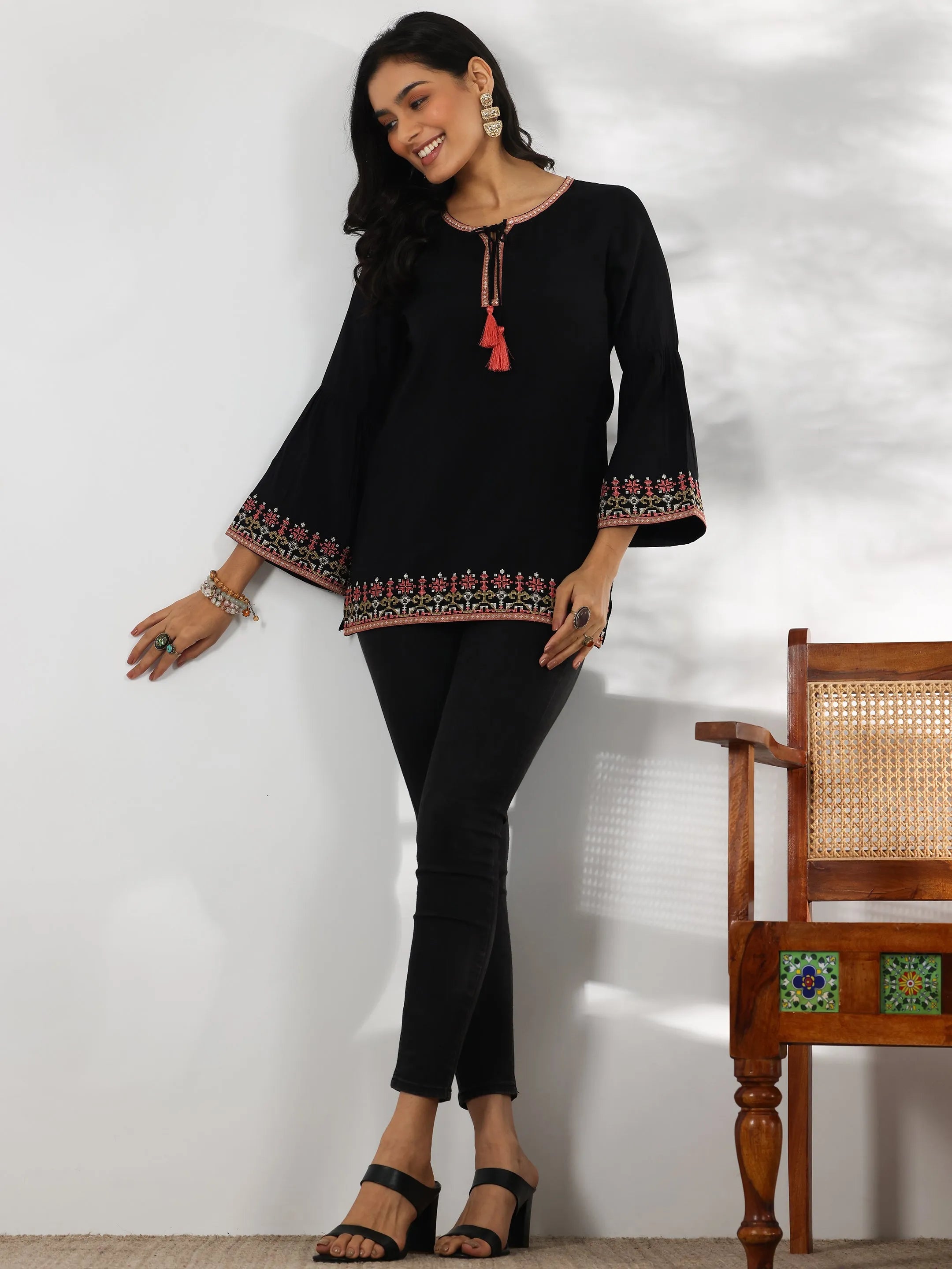 libas Black Embroidered Silk Blend Straight Kurti-picture-23
