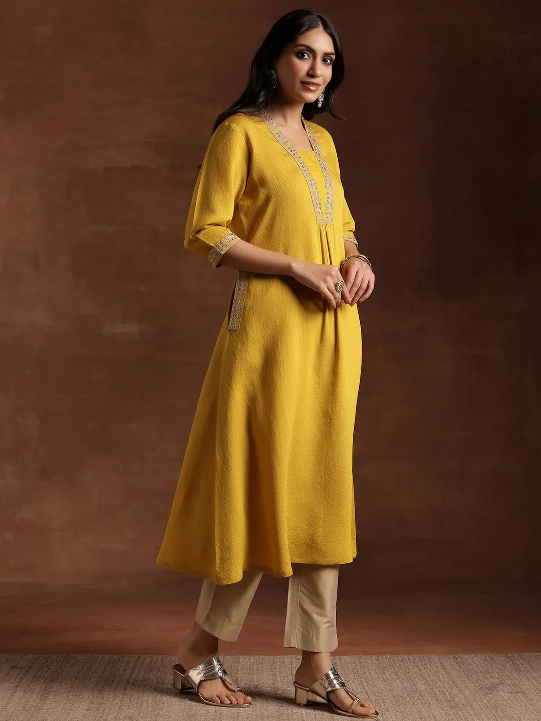  Yellow Yoke Design Silk A-Line Kurta 