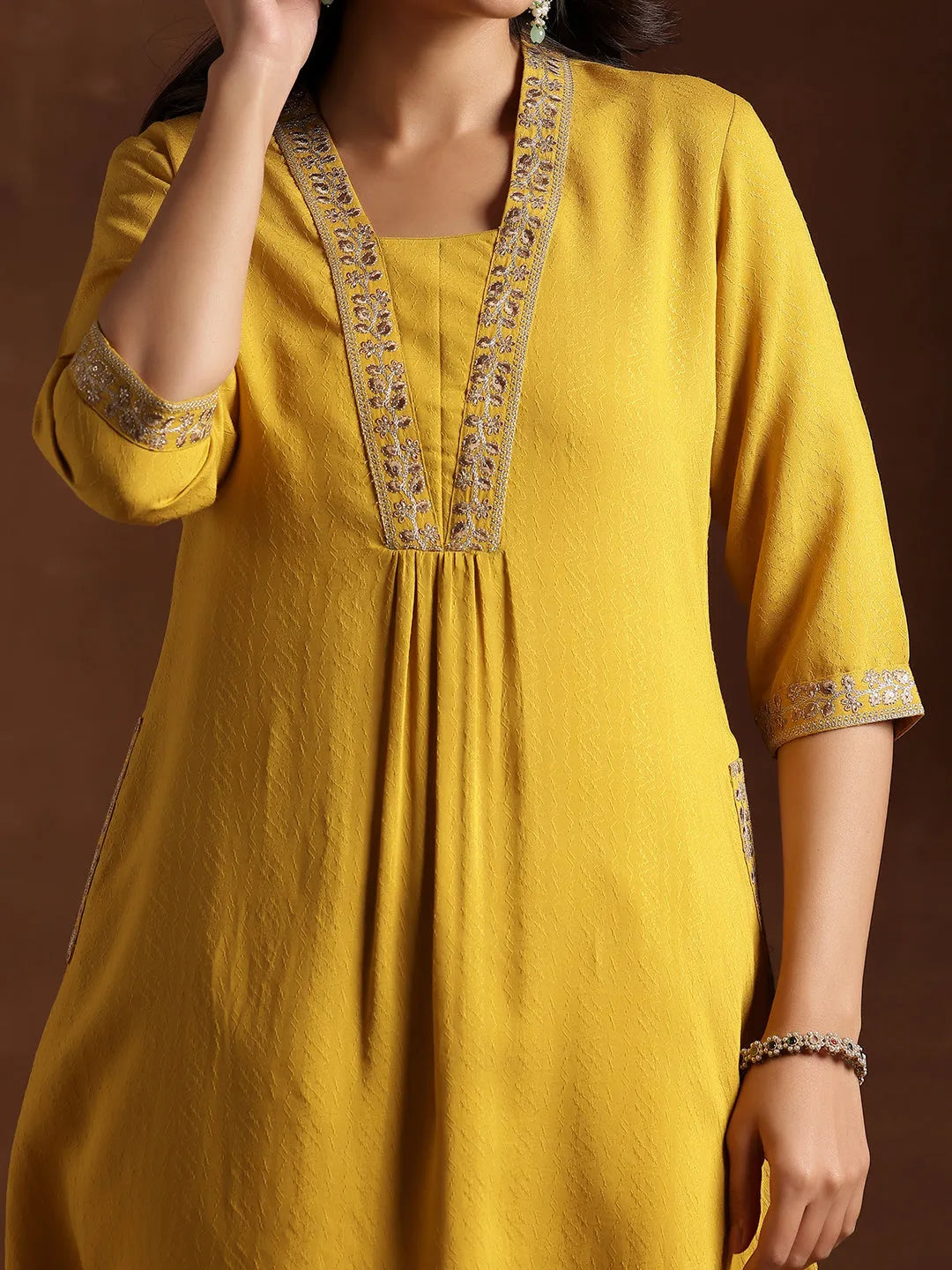  Yellow Yoke Design Silk A-Line Kurta 