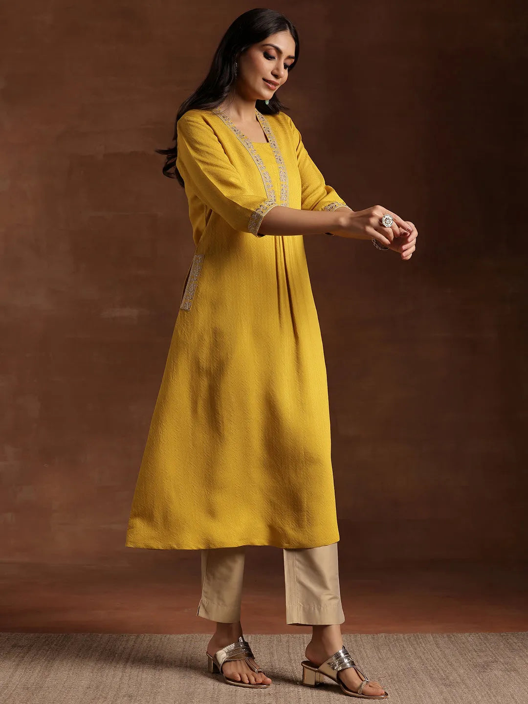  Yellow Yoke Design Silk A-Line Kurta 