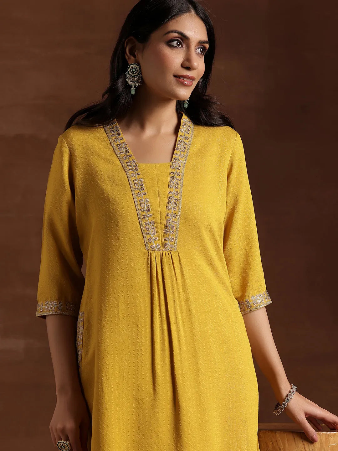  Yellow Yoke Design Silk A-Line Kurta 
