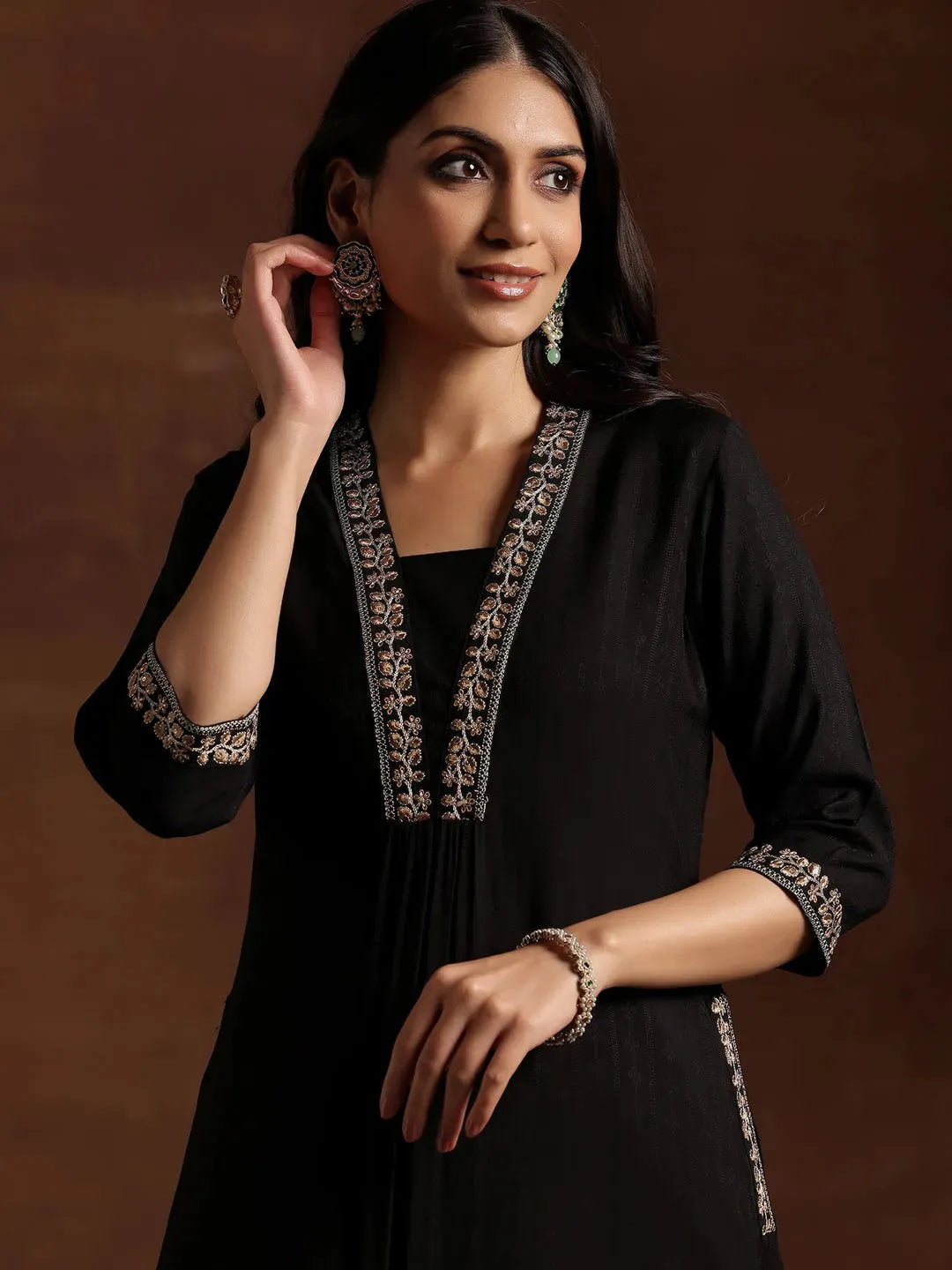  Black Yoke Design Silk A-Line Kurta 