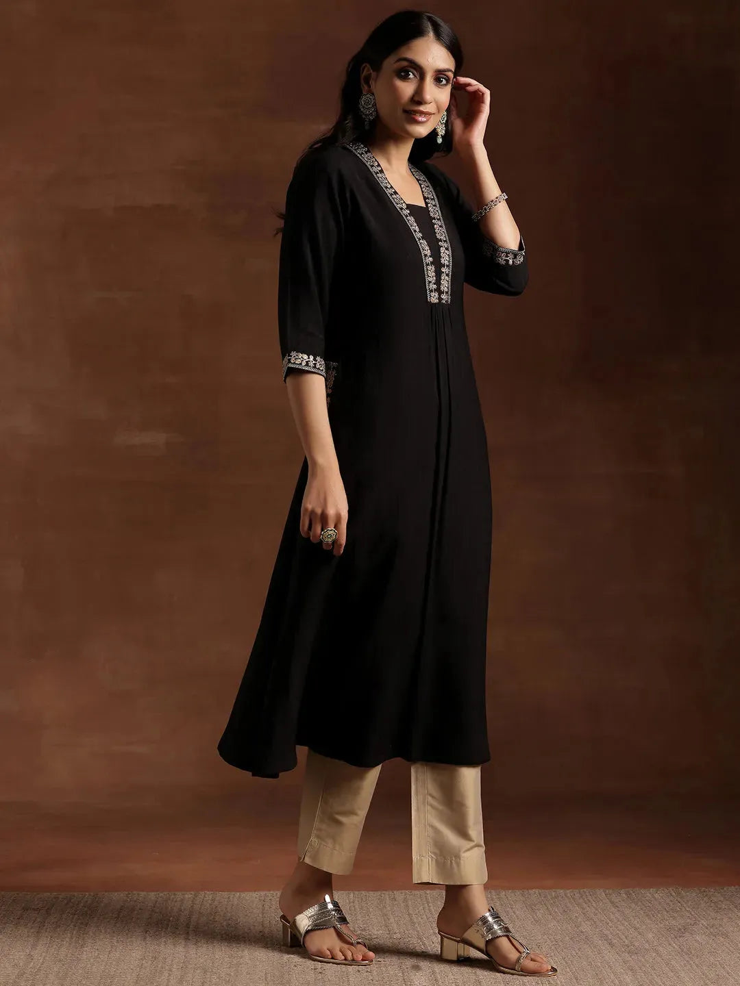  Black Yoke Design Silk A-Line Kurta 