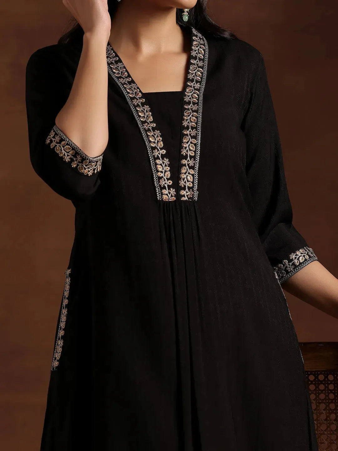  Black Yoke Design Silk A-Line Kurta 