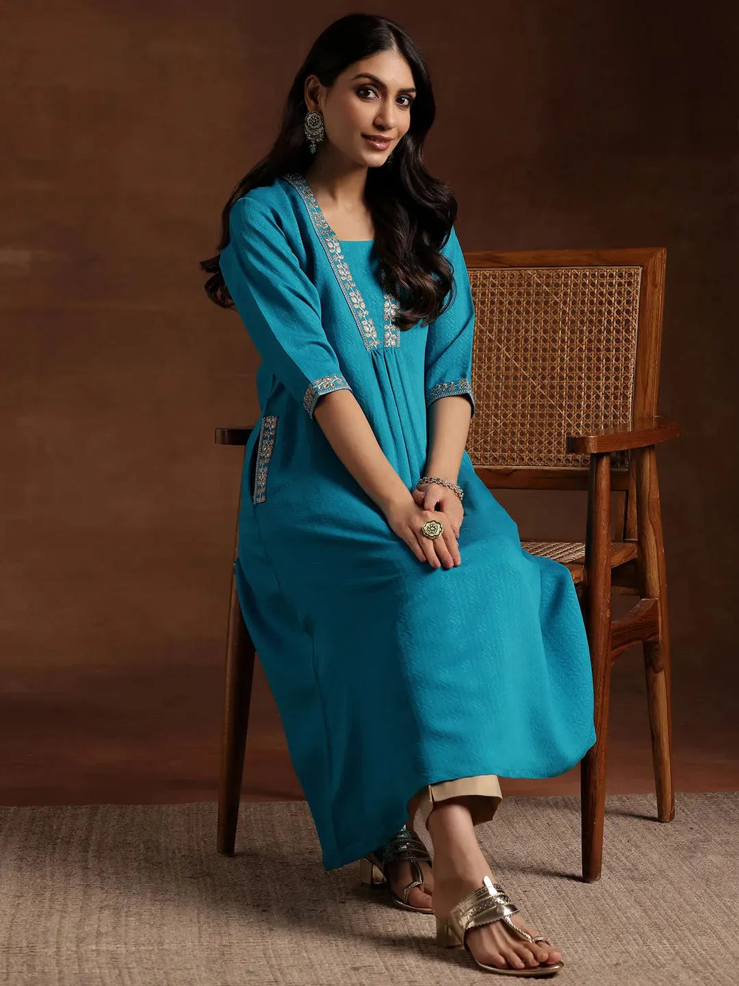 libas Blue Yoke Design Silk A-Line Kurta-picture-31