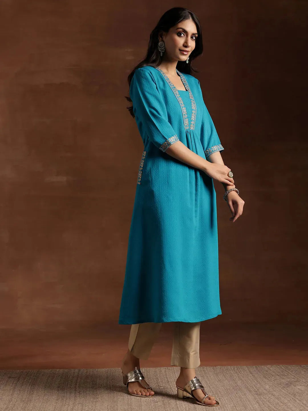  Blue Yoke Design Silk A-Line Kurta 