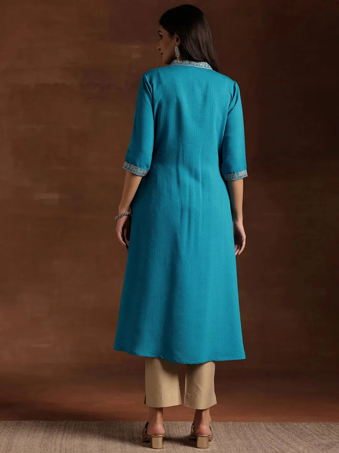  Blue Yoke Design Silk A-Line Kurta 