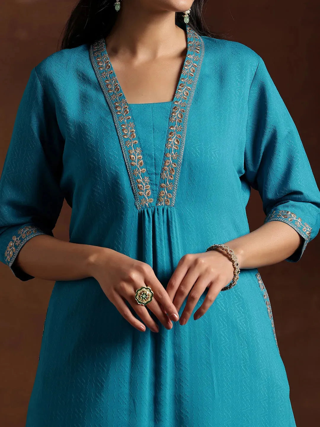  Blue Yoke Design Silk A-Line Kurta 
