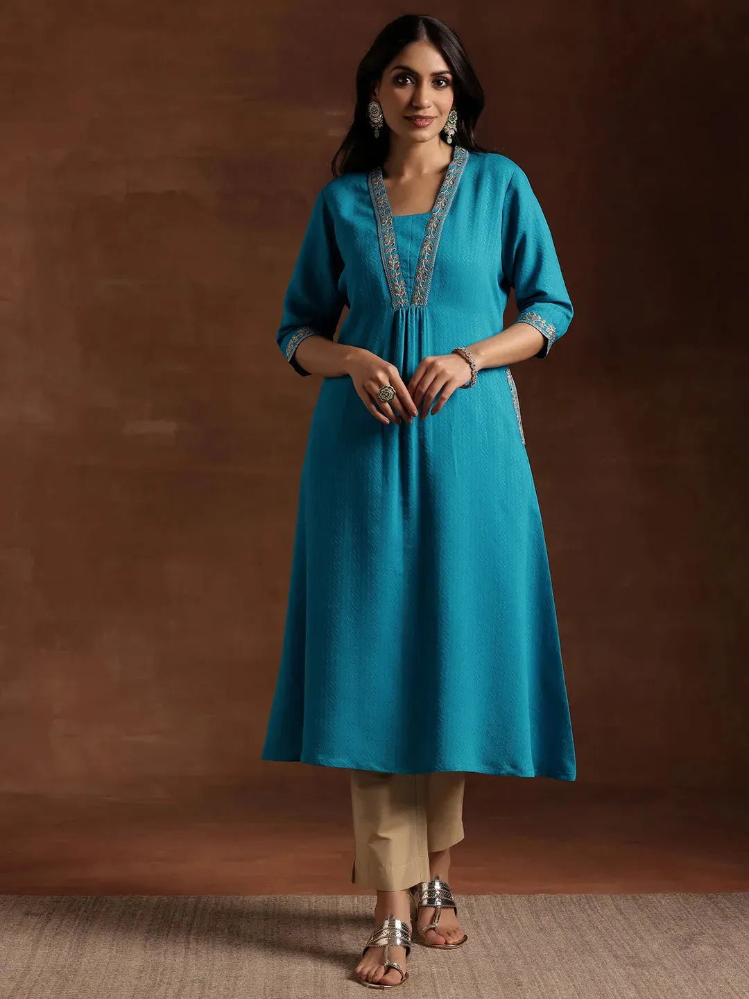  Blue Yoke Design Silk A-Line Kurta 