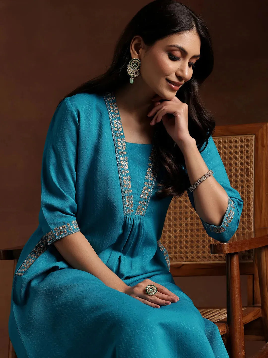  Blue Yoke Design Silk A-Line Kurta 