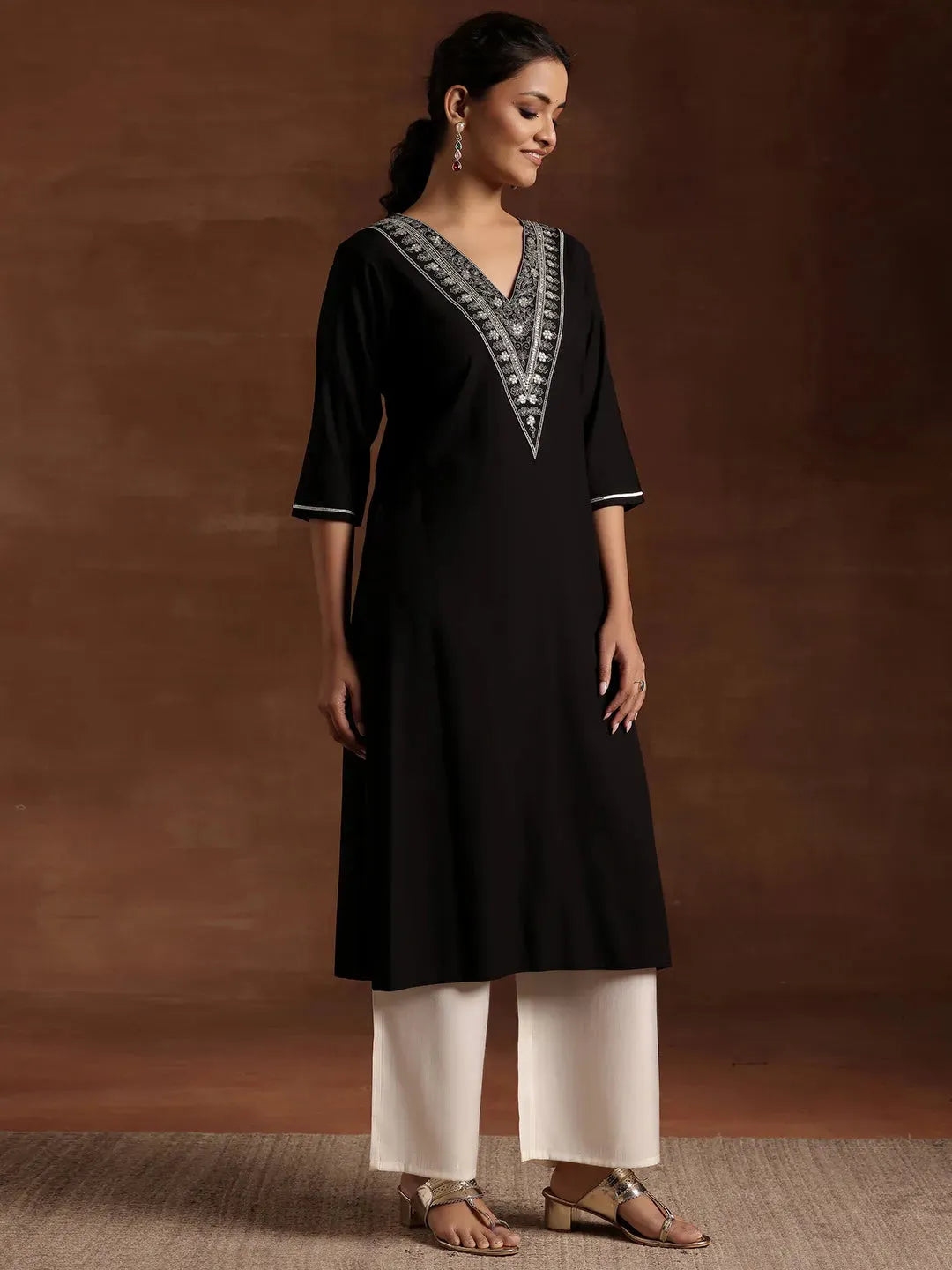  Black Yoke Design Rayon A-Line Kurta 