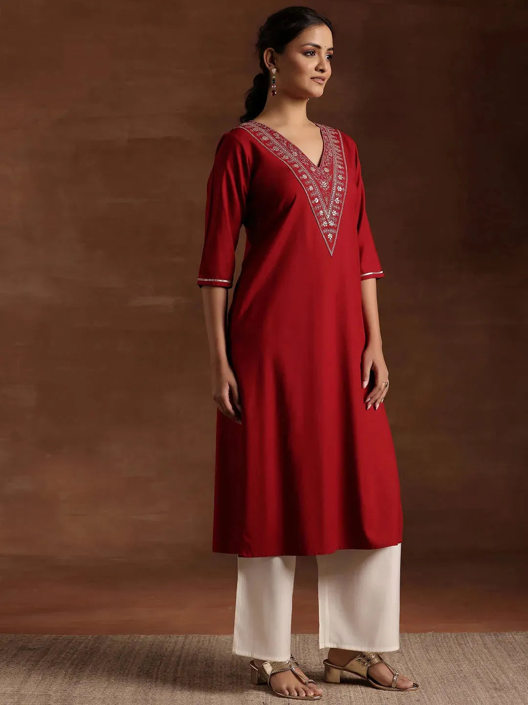  Maroon Yoke Design Rayon A-Line Kurta 