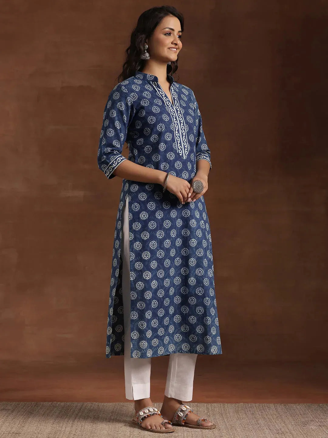  Indigo Printed Cotton Straight Kurta 