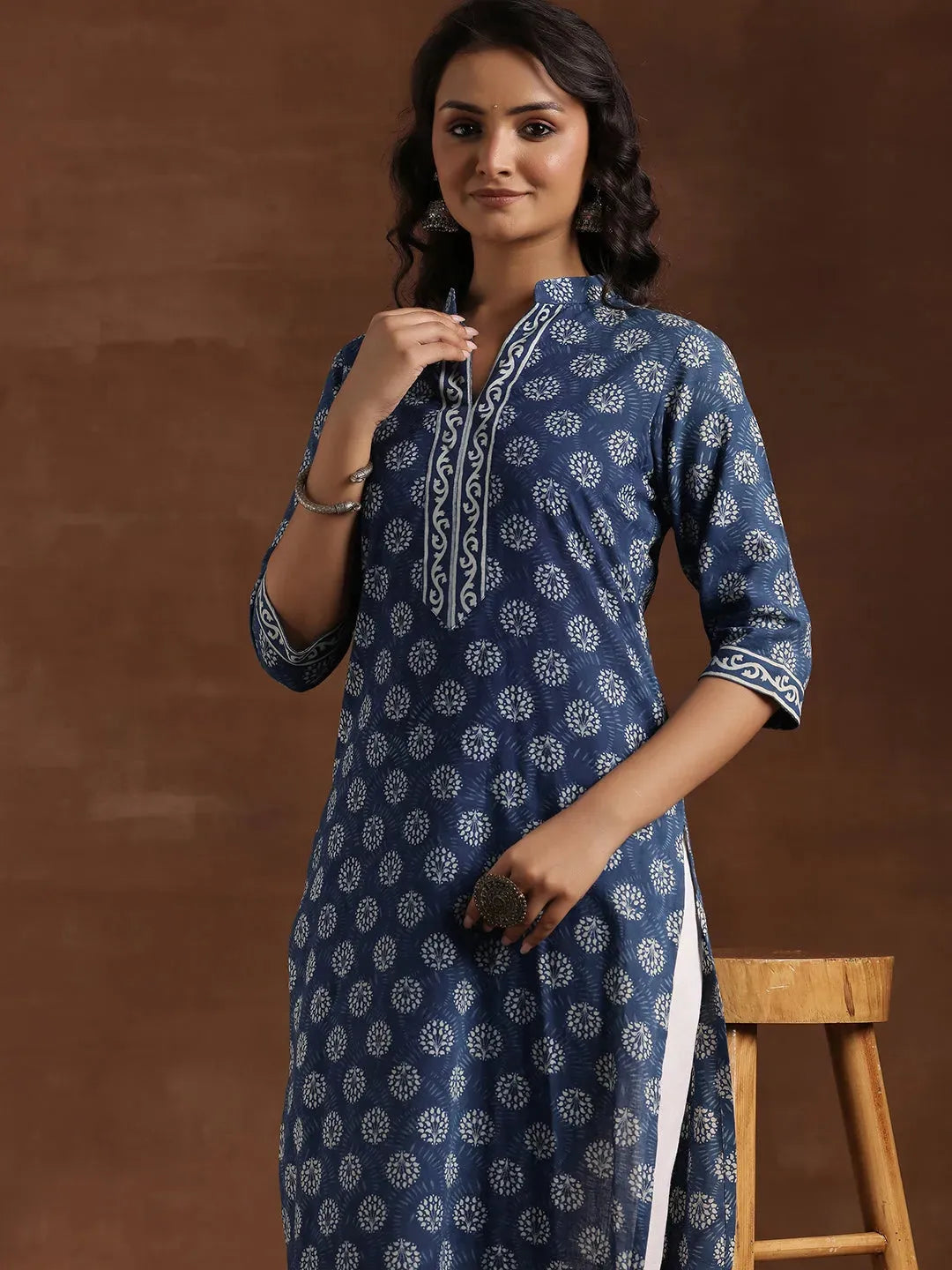  Indigo Printed Cotton Straight Kurta 