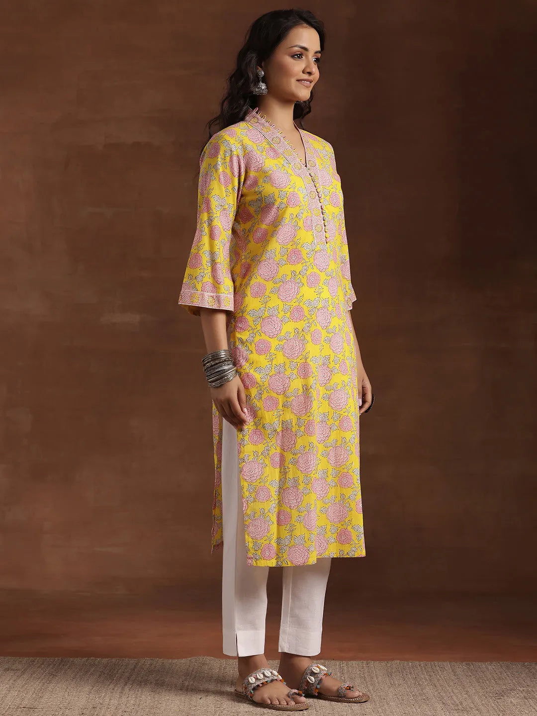  Yellow Printed Cotton Straight Kurta 