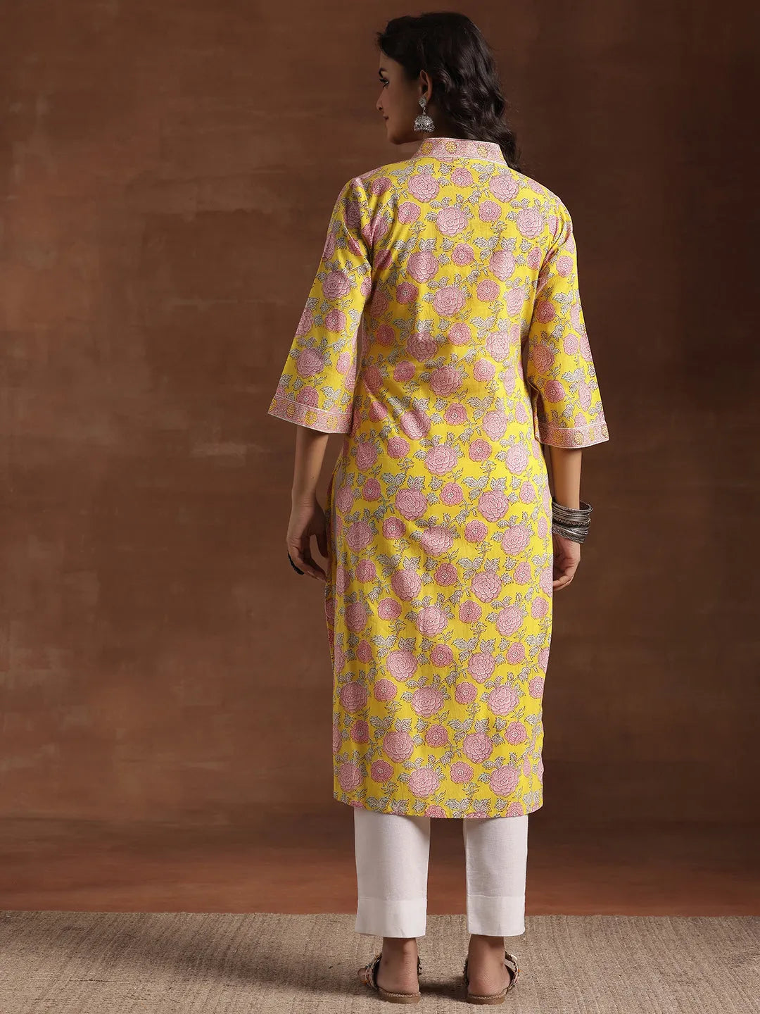  Yellow Printed Cotton Straight Kurta 