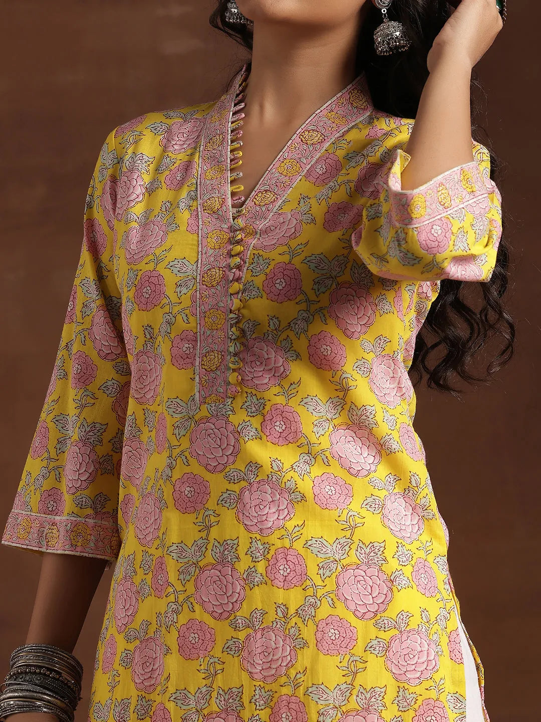  Yellow Printed Cotton Straight Kurta 