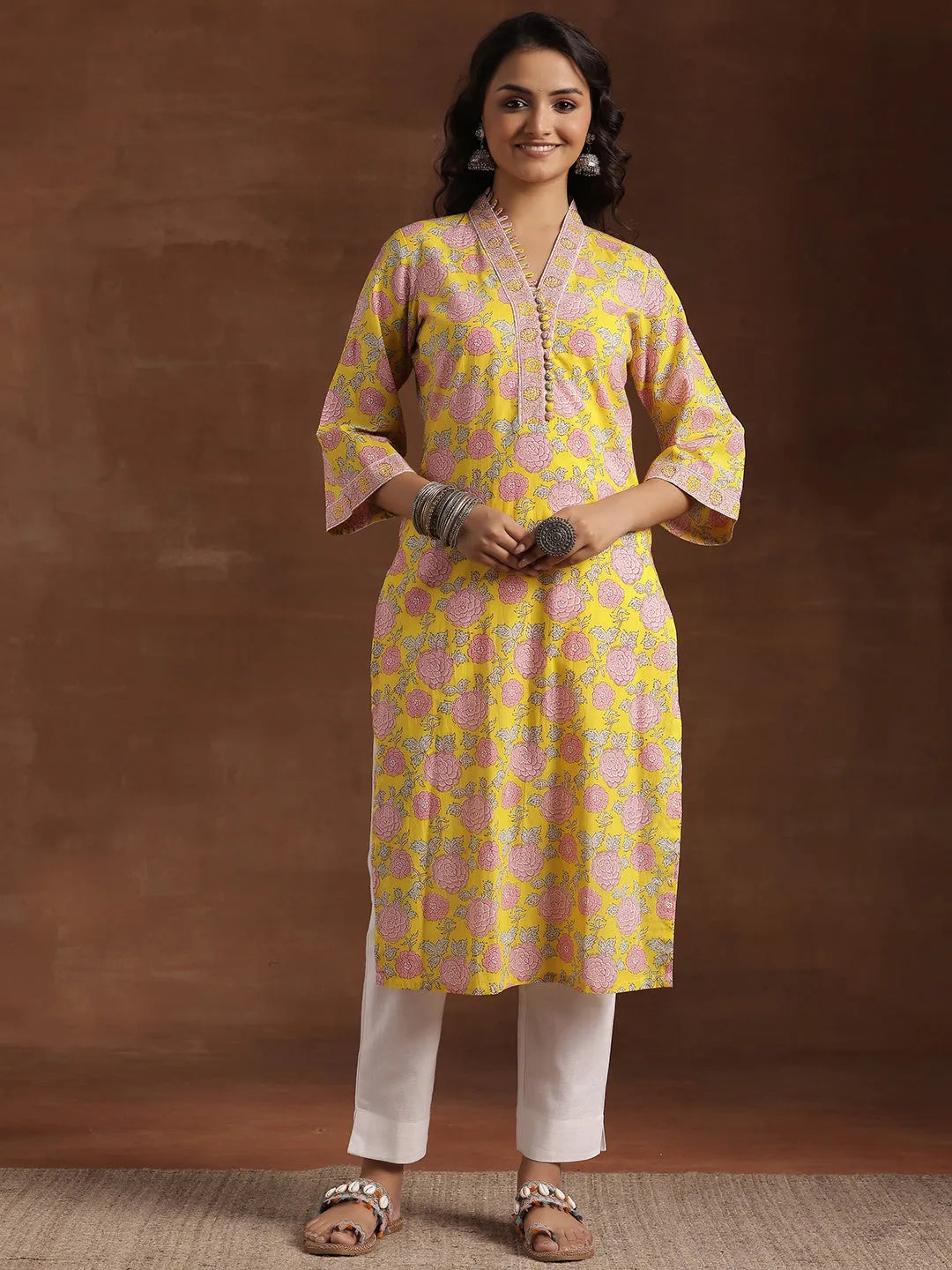  Yellow Printed Cotton Straight Kurta 